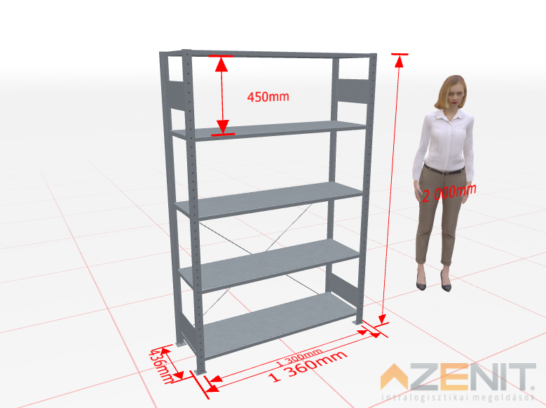 Kapcsolható polcos állvány alapmező MULTIplus típus, 1300×400 mm polcokkal, 2000 mm magas 5 polcos horganyzott 