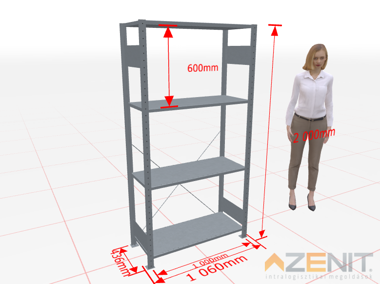 Kapcsolható polcos állvány alapmező MULTIplus típus, 1000×400 mm polcokkal, 2000 mm magas 4 polcos horganyzott 